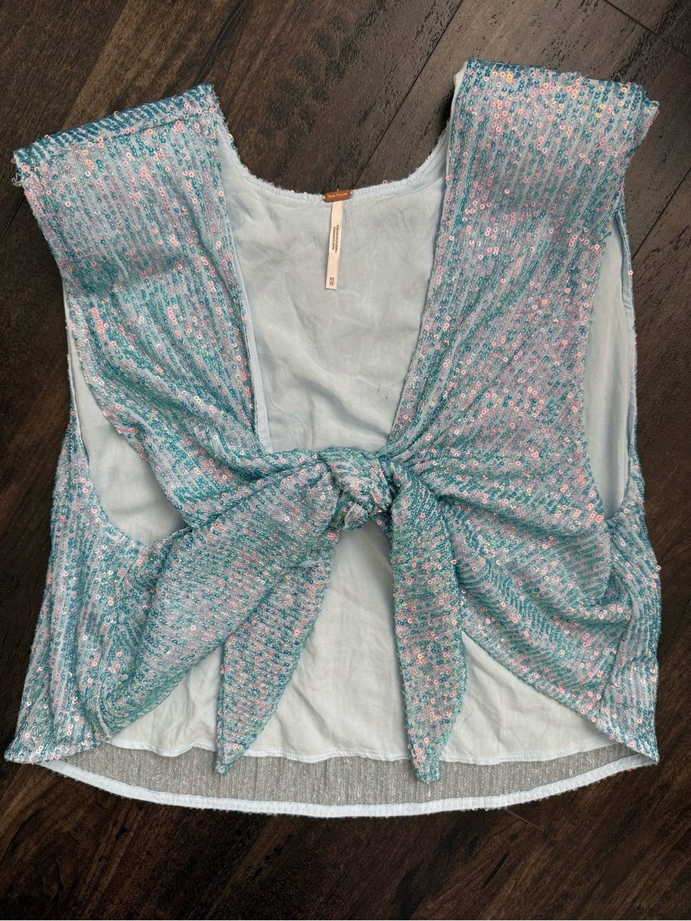 Free People Sequin Tie Front Crop Top Blue Mermaid Festival XS Boho Party